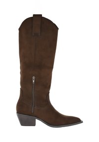Botín de ante marrón hasta la rodilla con punta afilada, cremallera en el lado y tacón bajo apilado. Cuenta con un diseño de parte superior de bota redondeada.