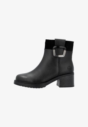 Black ankle boots with a smooth leather finish, stacked heel, and a decorative buckle accent. Features suede detailing at the top.