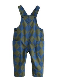 Salopette à motif losanges bleus et verts avec bretelles réglables, fermeture à boutons sur le devant et deux grandes poches latérales. Fabriquée en tissu résistant.