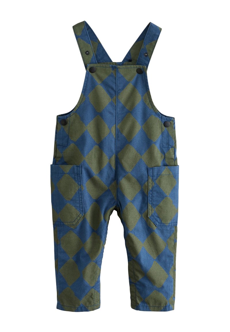 Salopette à motif losanges bleus et verts avec bretelles réglables, fermeture à boutons sur le devant et deux grandes poches latérales. Fabriquée en tissu résistant.