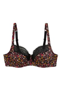 Soutien-gorge à motif floral avec des accents en dentelle noire, avec armatures, bonnets rembourrés et bretelles réglables. Il dispose d'une fermeture à crochet dans le dos.