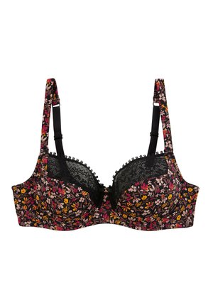Soutien-gorge à motif floral avec des accents en dentelle noire, avec armatures, bonnets rembourrés et bretelles réglables. Il dispose d'une fermeture à crochet dans le dos.