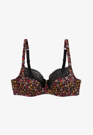 Soutien-gorge à motif floral avec des accents en dentelle noire, avec armatures, bonnets rembourrés et bretelles réglables. Il dispose d'une fermeture à crochet dans le dos.