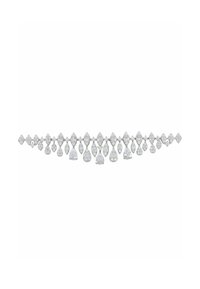 Diamond necklace featuring a series of pear and marquise-shaped stones set in a silver-like metal, with a smooth, polished finish.