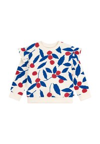 Cremefarbener Pullover mit einem Muster aus roten Kirschen und blauen Blättern. Mit Rüschen an den Schultern, langen Ärmeln sowie geripptem Saum und Bündchen.