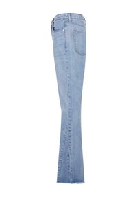 Lyseblå denimjeans med rette ben, middels høyde på livet, subtil falming og en enkelt baklomme på høyre side.