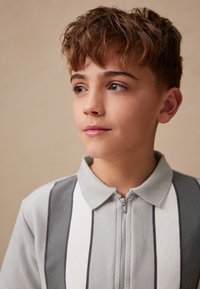 Harmaa-valkoraidallinen vetoketjullinen poolopaita, jossa on kaulus, pehmeä pinta ja kapea istuvuus, sopii rentoon käyttöön.