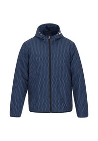 Navy blue jacket with a hood, featuring a geometric pattern, zip closure, and adjustable drawstrings. Soft texture with elastic cuffs.