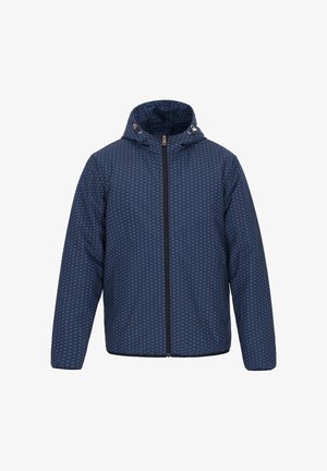 Tengerészkék kapucnis dzseki, amely geometrikus mintával rendelkezik, zipzárral záródik és állítható húzózsinórokkal van ellátva. Puha tapintású, elasztikus mandzsettákkal.