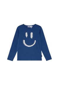 T-shirt à manches longues bleu marine en coton avec un design de visage souriant peint à la bombe en blanc sur le devant. Col rond, étiquette sur le côté.