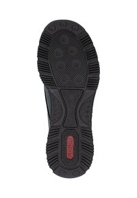 Semelle de chaussure noire avec un motif texturé, marquage de taille 37, et logo rouge "rieker" près du talon, présenté sur fond blanc.