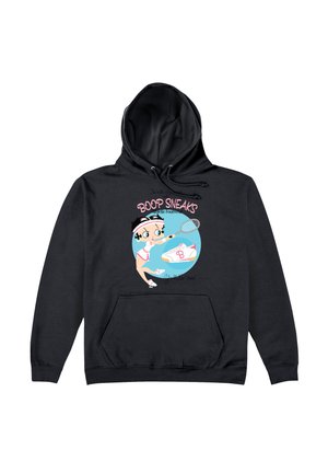 Czarna bluza z kapturem z przednią kieszenią, z kolorową grafiką przedstawiającą postać z kreskówki w tematyce tenisowej oraz napisem "BOOP SNEAKS" na różowo.