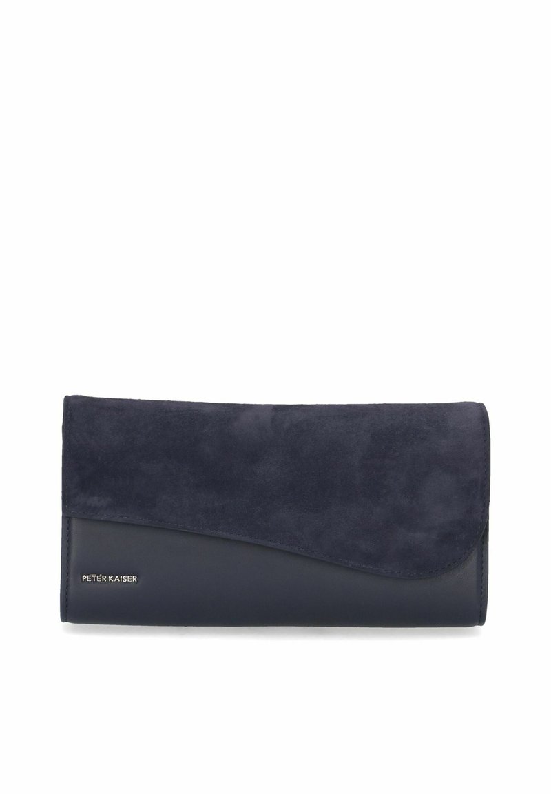 Marineblauwe portemonnee met een suede flap en een gladde lederen basis, met een schuine vormgeving en een reliëflogo op de onderste voorkant.
