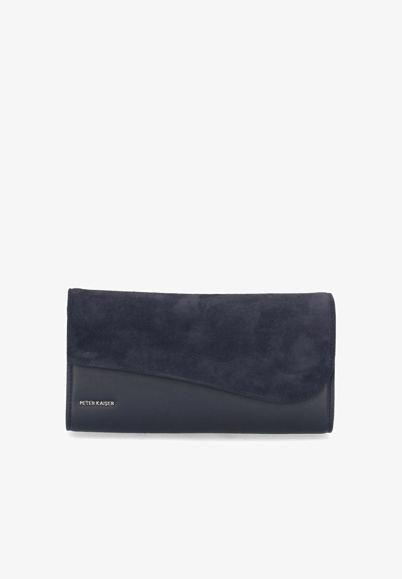 Marineblauwe portemonnee met een suede flap en een gladde lederen basis, met een schuine vormgeving en een reliëflogo op de onderste voorkant.