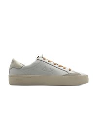 Hellgraue Leder-Sneaker mit beigen Schnürsenkeln, runder Zehenform, dezentem Branding an der Seite und strukturiertem Gummisohle.