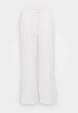 Pantalons blancs à jambes larges en tissu léger, dotés d'une taille élastique avec un cordon de serrage et de coutures verticales pour une texture.