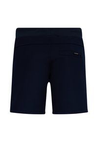 Marineblauwe shorts met een elastische tailleband, een achterzak en een gladde, licht glanzende textuur. Geen zichtbare patronen of accenten.