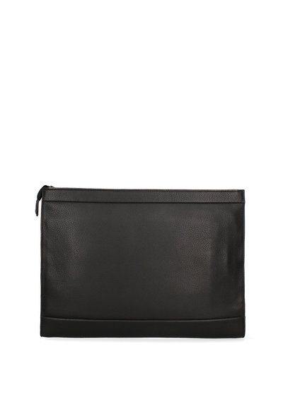 Black leather clutch with a textured finish, rectangular shape, and zipper closure at the top. Clean design without additional hardware.