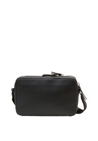 Schwarze rechteckige Ledertasche mit Reißverschluss, verstellbarem Riemen und strukturierten Akzenten. Glatte Außenseite mit minimalistischer Gestaltung.