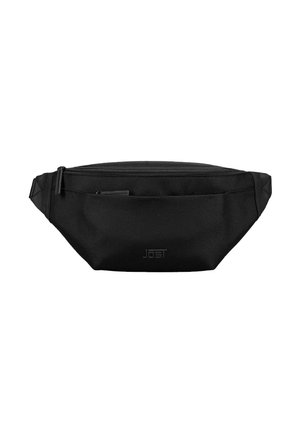 Schwarze Stoff-Gürteltasche mit einer vorderen Reißverschlusstasche und einem Hauptfach mit Reißverschluss, Markenname Jost vorne sichtbar.