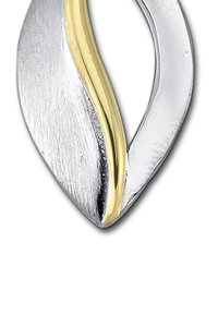 Pendentif en argent et or présentant une forme de feuille allongée et épurée avec une texture argent brossé et un accent en or poli.