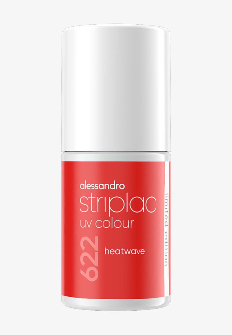Bouteille de vernis à ongles UV Alessandro Striplac en teinte rouge « 622 heatwave », édition limitée avec bouchon blanc et texte sur l'étiquette, sur un fond uni.