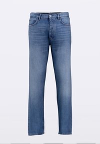 Jeans in denim azzurro chiaro con design a gamba dritta, tasche anteriori e tasche a toppa posteriori. Presentano un leggero scolorimento e dettagli di cucitura.