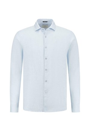 Chemise à manches longues bleu clair en lin, avec un devant à boutons, un col pointu et un logo discret sur la poitrine.