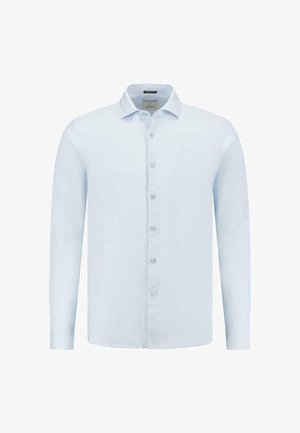 Chemise à manches longues bleu clair en lin, avec un devant à boutons, un col pointu et un logo discret sur la poitrine.