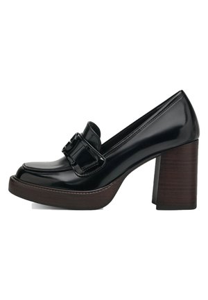 Black patent leather high-heeled loafer with a wide wooden block heel and a prominent buckle detail on the front. Smooth glossy finish.
