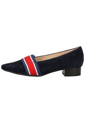 Navy blue suede low heel shoe with a pointed toe and a red, white, and blue striped fabric band across the top.