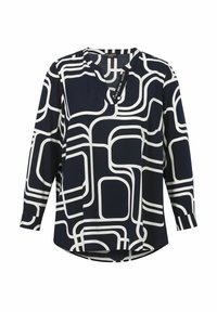 Navyblauwe blouse met wit geometrisch patroon, V-hals, lange mouwen en ronde zoom. Gemaakt van lichtgewicht stof met een gladde textuur.