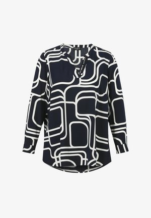 Marineblaue Bluse mit weißem geometrischem Muster, V-Ausschnitt, langen Ärmeln und abgerundetem Saum. Hergestellt aus leichtem Stoff mit glatter Textur.