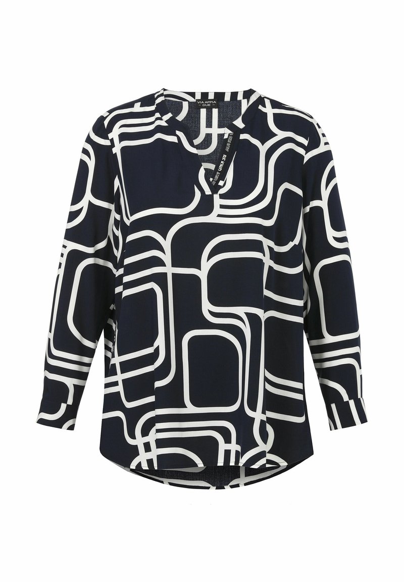 Navyblauwe blouse met wit geometrisch patroon, V-hals, lange mouwen en ronde zoom. Gemaakt van lichtgewicht stof met een gladde textuur.