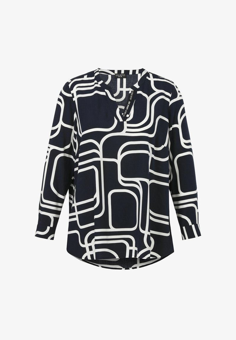 Navyblauwe blouse met wit geometrisch patroon, V-hals, lange mouwen en ronde zoom. Gemaakt van lichtgewicht stof met een gladde textuur.