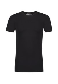 T-shirt en coton noir avec un col rond, des manches courtes et un ourlet droit. Texture lisse sans motifs ni accents visibles.