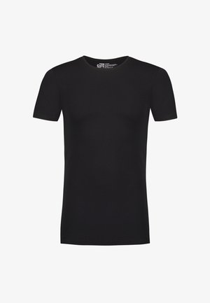 T-shirt en coton noir avec un col rond, des manches courtes et un ourlet droit. Texture lisse sans motifs ni accents visibles.