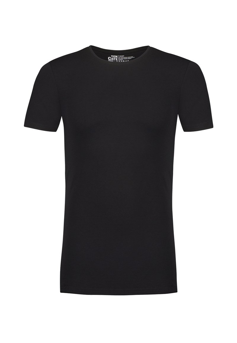 T-shirt en coton noir avec un col rond, des manches courtes et un ourlet droit. Texture lisse sans motifs ni accents visibles.