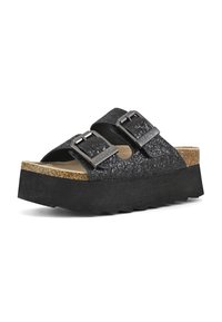 Sandale à glissière noire en paillettes avec deux sangles réglables, boucles métalliques et une épaisse semelle noire en plateforme dotée d'un intercalaire en liège texturé.