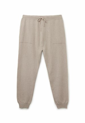 Pantaloni sportivi beige realizzati in tessuto morbido con vita elastica. Presentano due tasche frontali e polsini a coste alle caviglie.