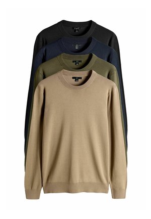 Four pullovers displayed: cream, olive green, navy blue, and black. Each has a round neck, long sleeves, and a smooth texture.