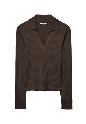 Top marrone a maniche lunghe a coste con scollo a V e colletto piatto. Testura morbida, design corto e cuciture strutturate migliorano l'estetica moderna.