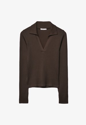 Top marrone a maniche lunghe a coste con scollo a V e colletto piatto. Testura morbida, design corto e cuciture strutturate migliorano l'estetica moderna.