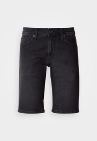 Μαύρα τζιν σορτς με ίσια κοπή, που διαθέτουν μπροστινές τσέπες, κούμπωμα με κουμπί και γυρισμένα τελειώματα για καθαρό φινίρισμα.