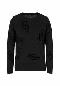 Maglione nero con un design testurizzato caratterizzato da forme geometriche sovrapposte e motivi, colletto tondo e maniche lunghe.