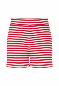 Sarkans un balts svītrots šorts, mīksts kokvilnas materiāls, elastīga josta, ikdienišķs dizains, vidus auguma garums, vienādas svītras.