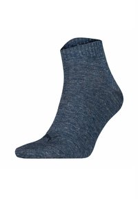 Dunkelblaue Knöchelsocke mit geripptem Bündchen, glatter Textur und einem schlichten Design, das ein kleines Logo im Bereich der Zehen aufweist.