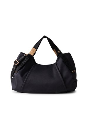 Borsa hobo nera in tessuto testurizzato, dotata di hardware dorato, una larga tracolla con logo e un ampio scomparto principale.