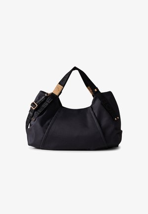 Sac hobo noir en tissu texturé, doté de quincaillerie dorée, d'une large bandoulière avec logo et d'un grand compartiment principal.