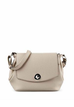 Light beige leather shoulder bag with a flap closure and a silver circular clasp in the center front.